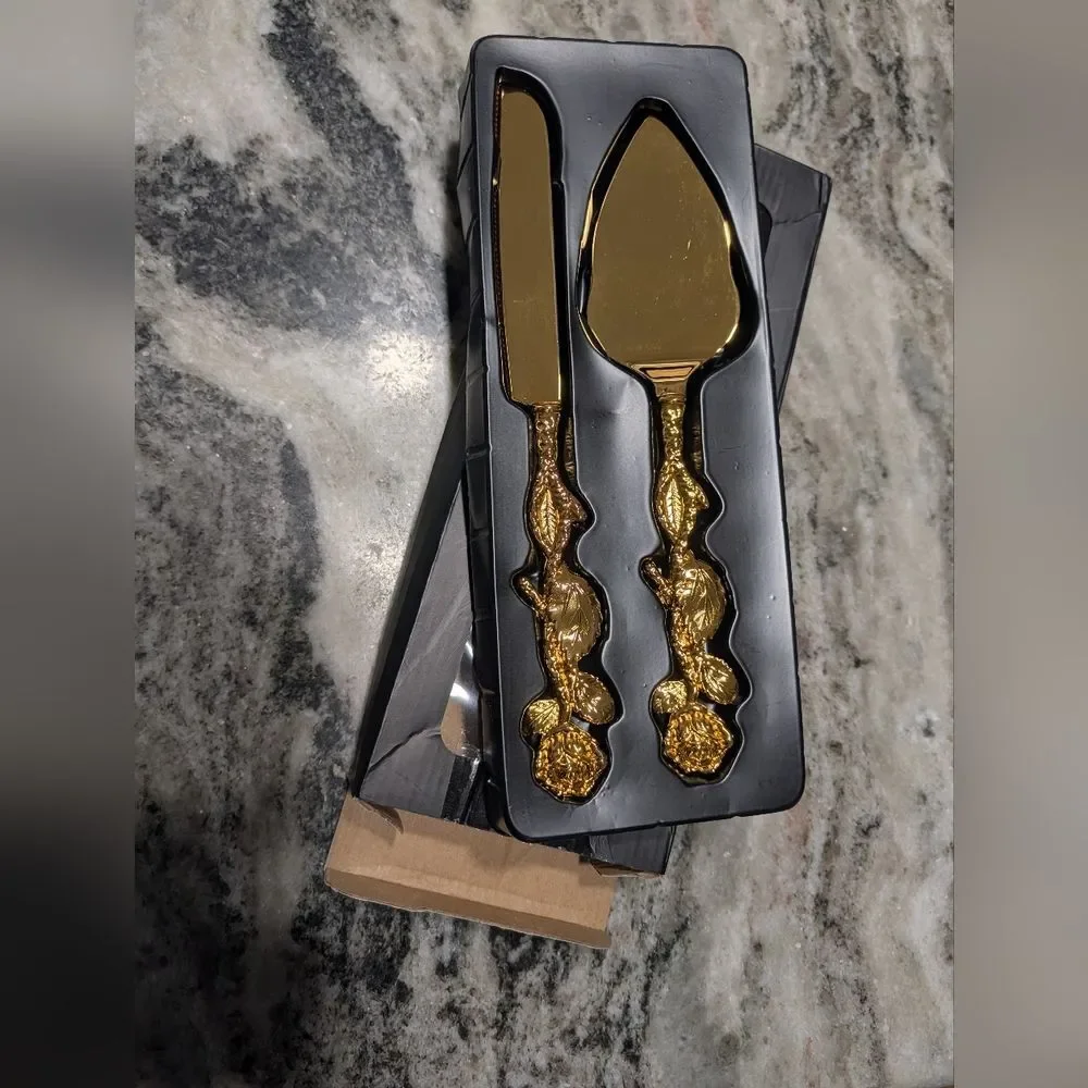 NIB Gold Tone Cake Server and Knife Set, Rose And Leaf Motif, Personalizable